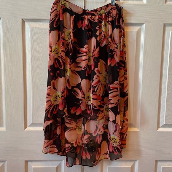 BLACK HIBISCUS CREPE FULLY LINED HIGH LOW SKIRT BY WORTHINGTON SIZE 14 - Picture 4 of 7